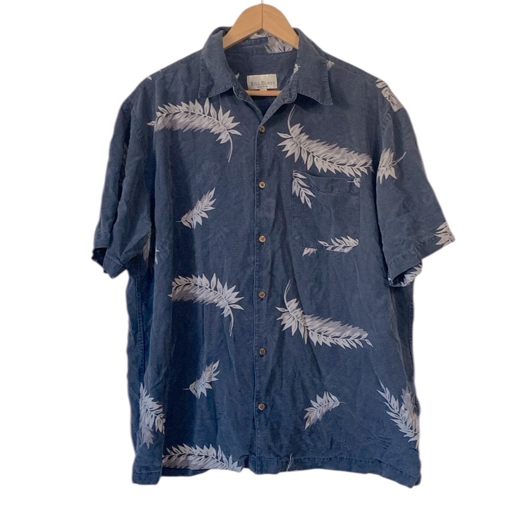 Bill Blass Men's silk palm leaves short sleeve Button Down Shirt Dark Blue L